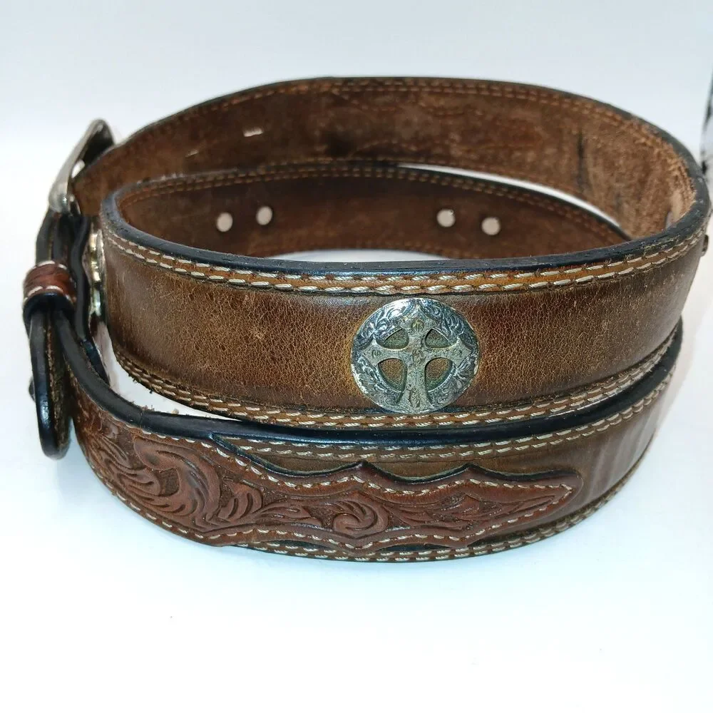 3D Belt Mens Size 40 Brown Hand Tooled Western Concho Cross Studded